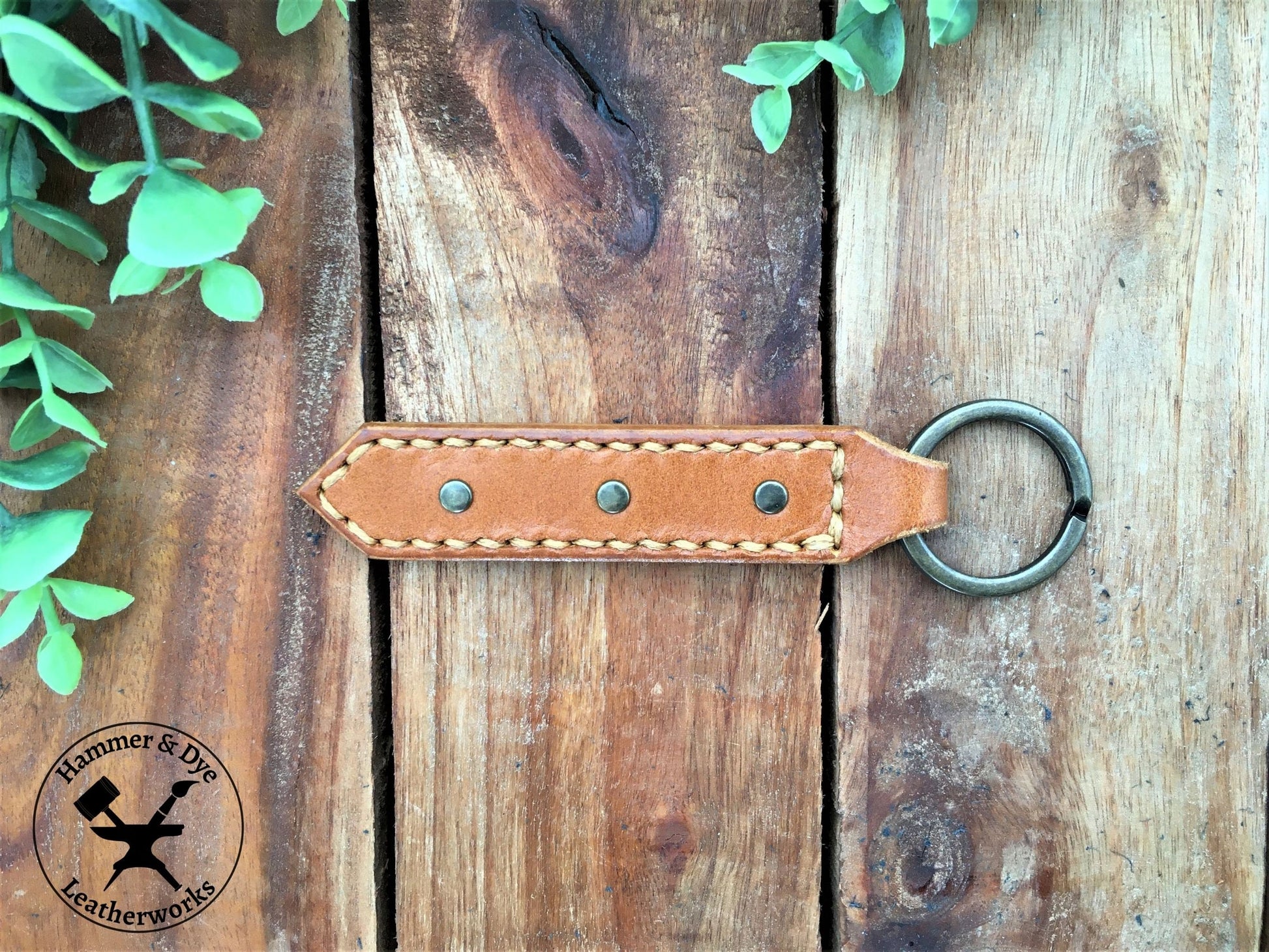 Handmade Tan Color Leather Studded Keychain with Hazel Stitching