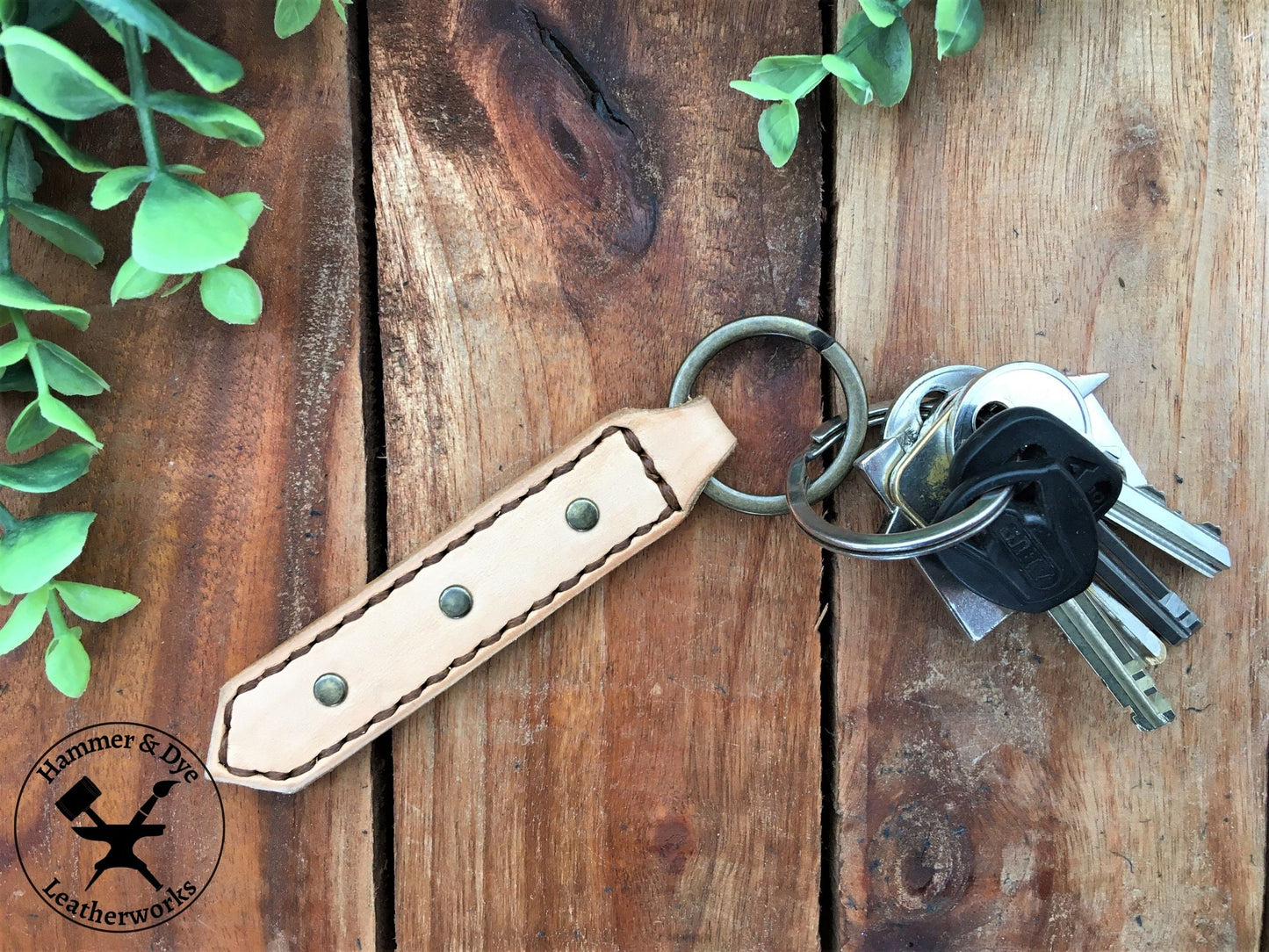 Handmade Natural Undyed Leather Studded Keychain with Brown  Stitching with Keys