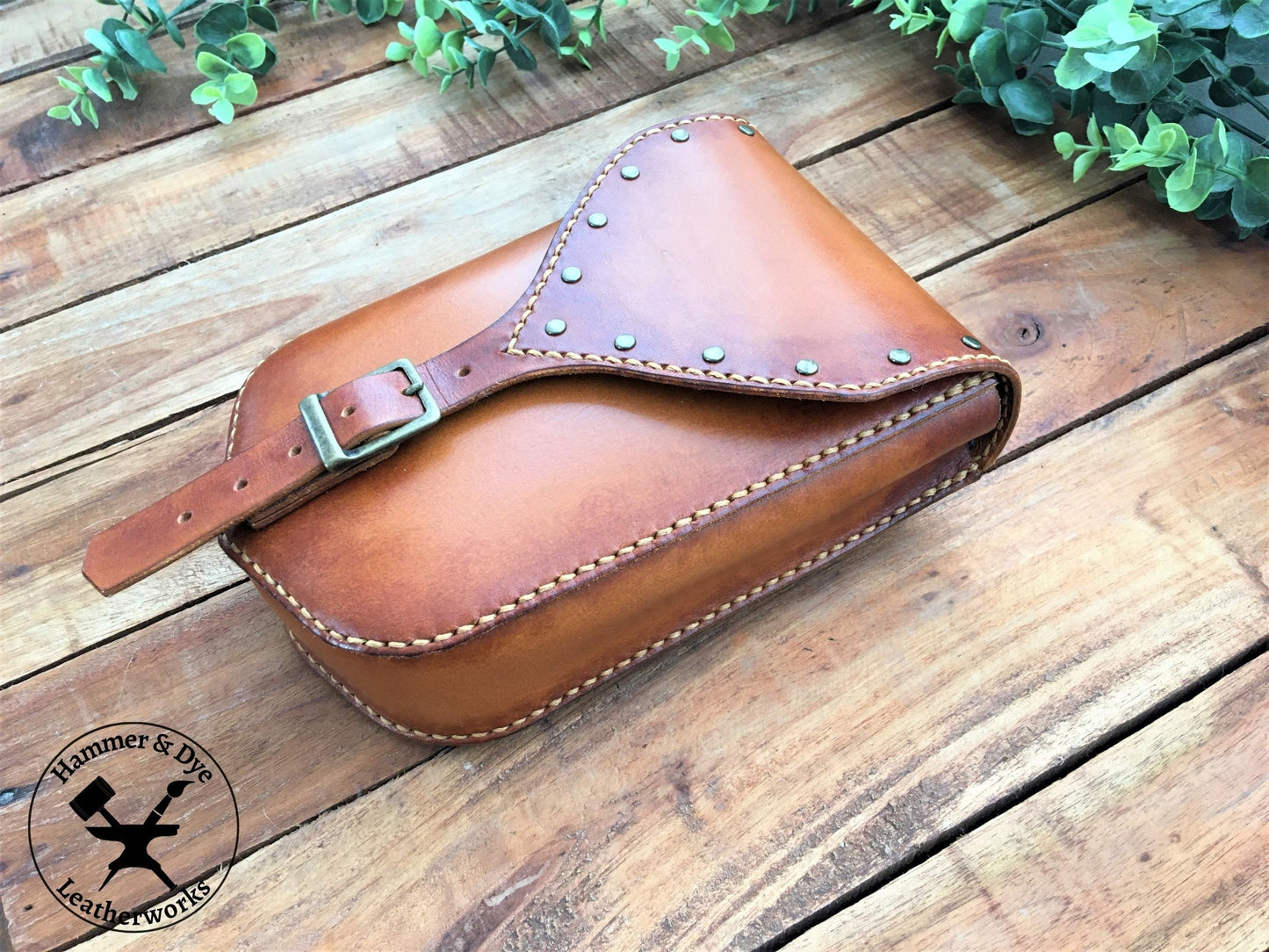 Side View of Large Handmade Leather Belt Pouch with studs