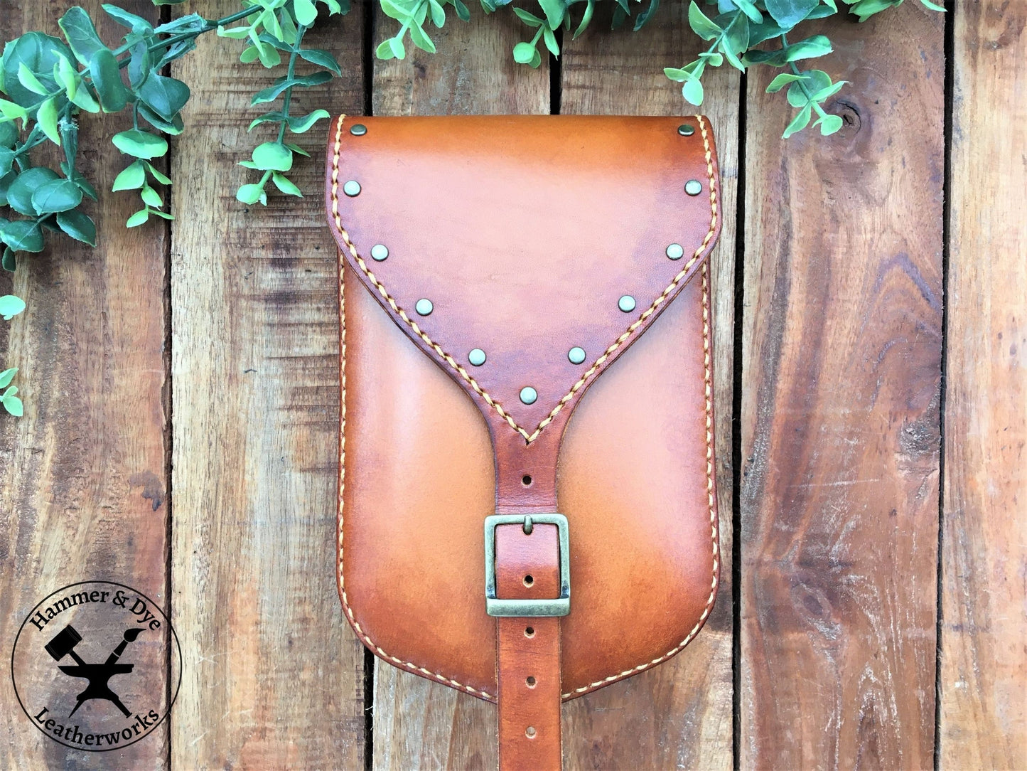 Large Handmade Leather Belt Pouch with studs