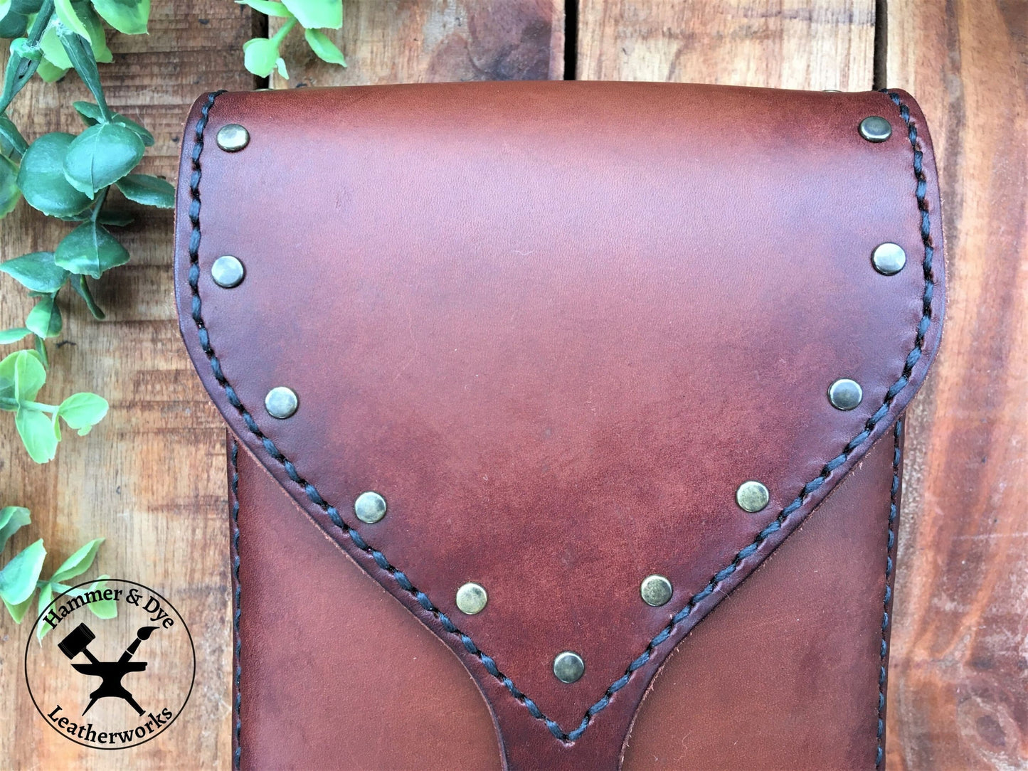 Large Handmade Brown Leather Belt Pouch with Buckle closing and Studs  Close Up View