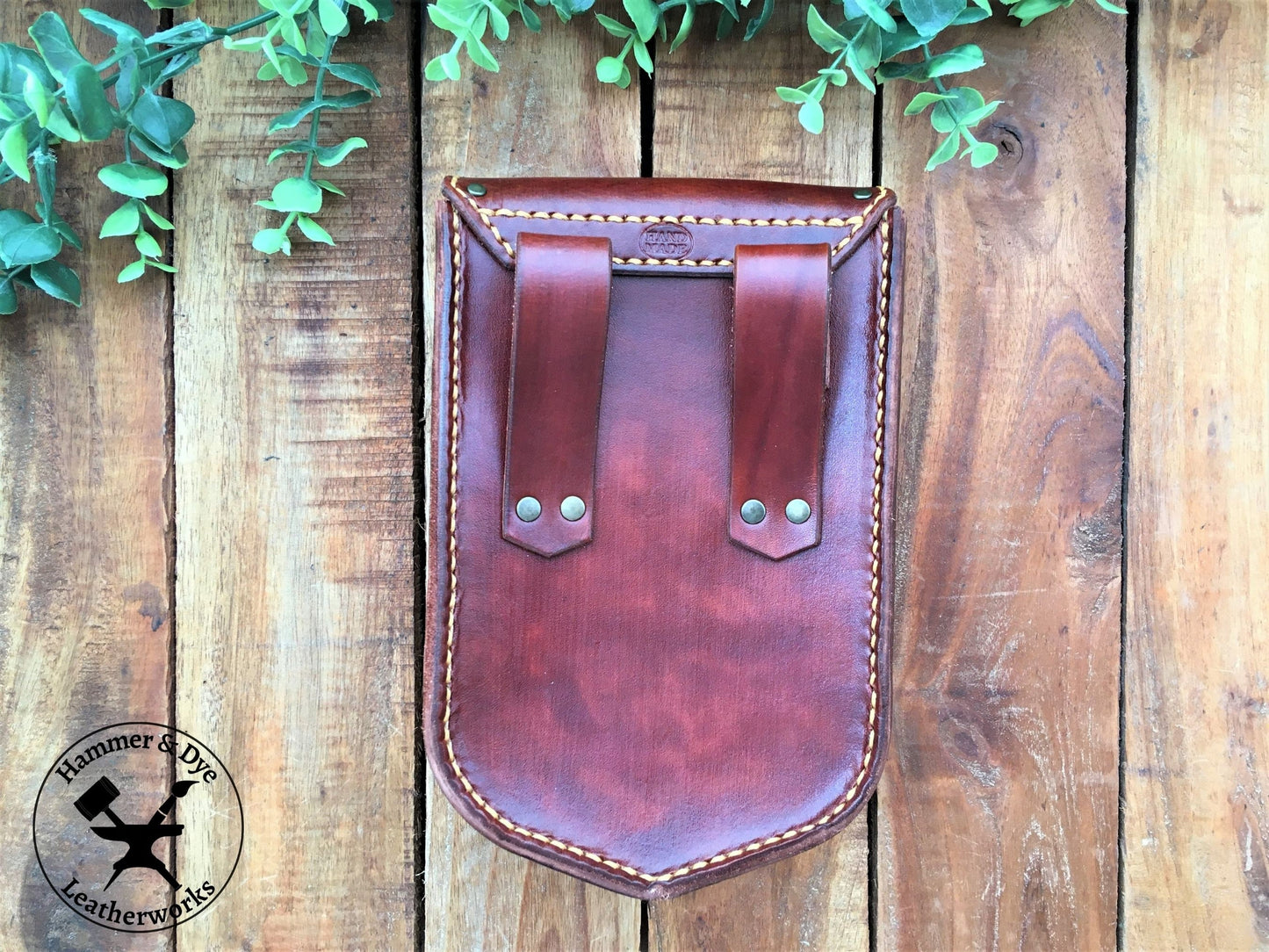 Large Handmade Mahogany Color Leather Belt Pouch with Buckle closing and Studs  Back View