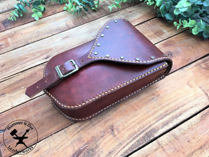 Large Handmade Mahogany Color Leather Belt Pouch with Buckle closing and Studs 