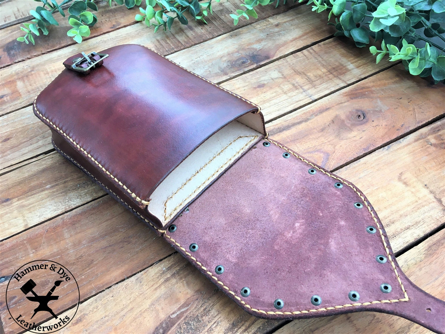 Large Handmade Mahogany Color Leather Belt Pouch with Buckle closing and Studs  Inside View