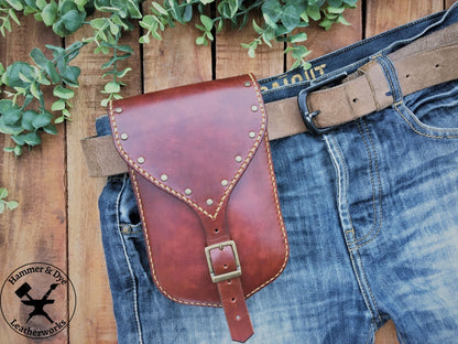 Large Handmade Mahogany Color Leather Belt Pouch with Buckle closing and Studs  on a Trouser Belt