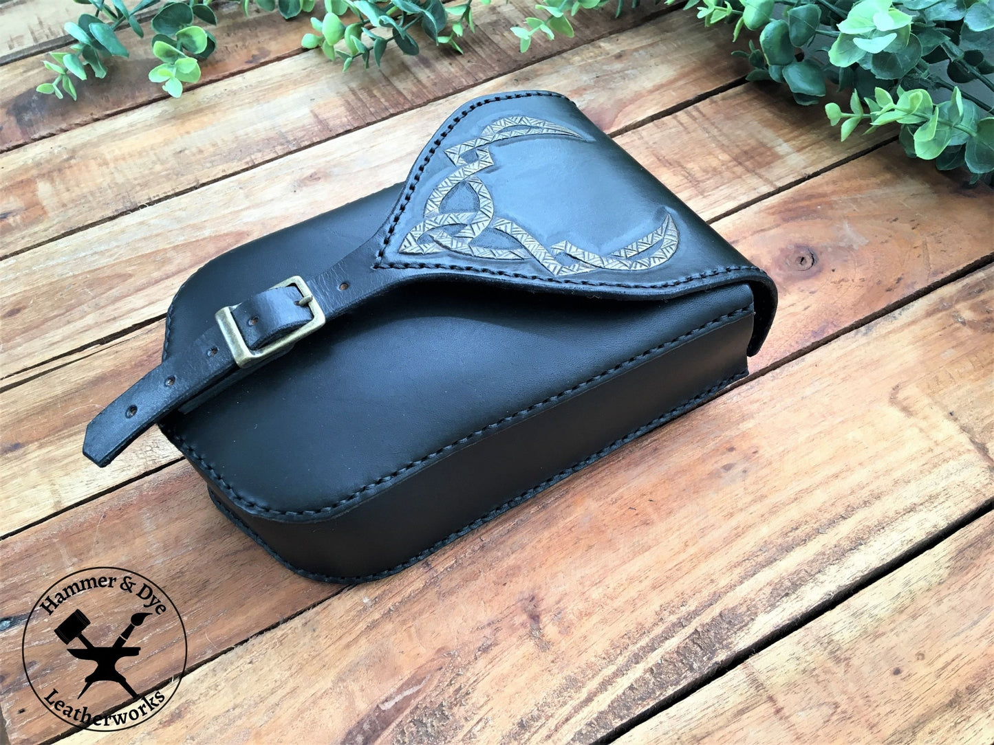 Large Handmade Black Leather Belt Pouch with Buckle Closing and Viking Style Knotwork Carving 