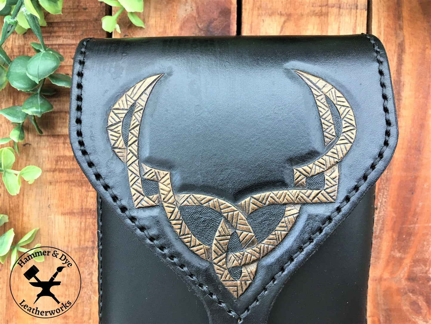 Large Handmade Black Leather Belt Pouch with Buckle Closing and Viking Style Knotwork Carving Close Up