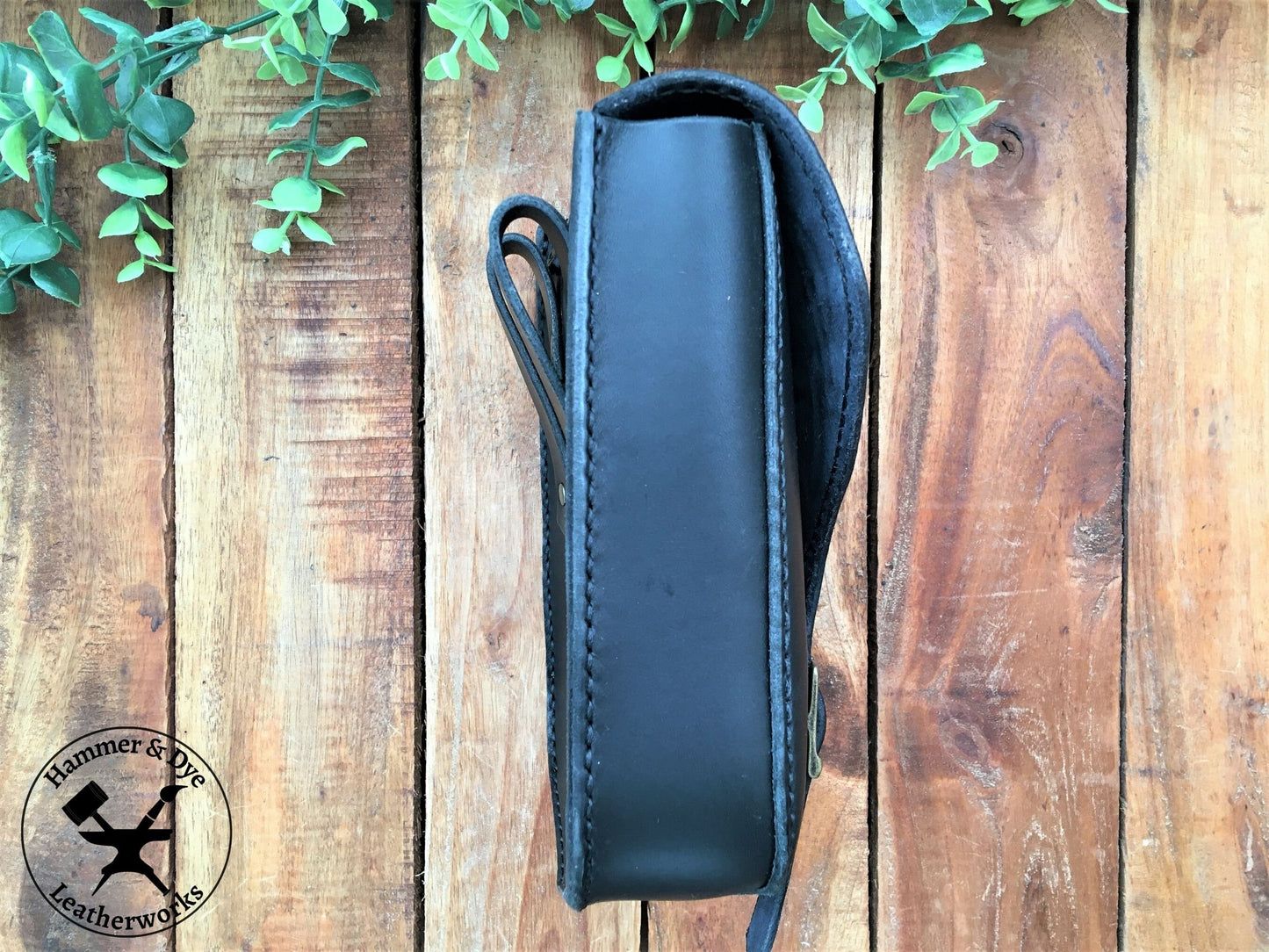 Large Handmade Black Leather Belt Pouch with Buckle Closing and Viking Style Knotwork Carving Side View