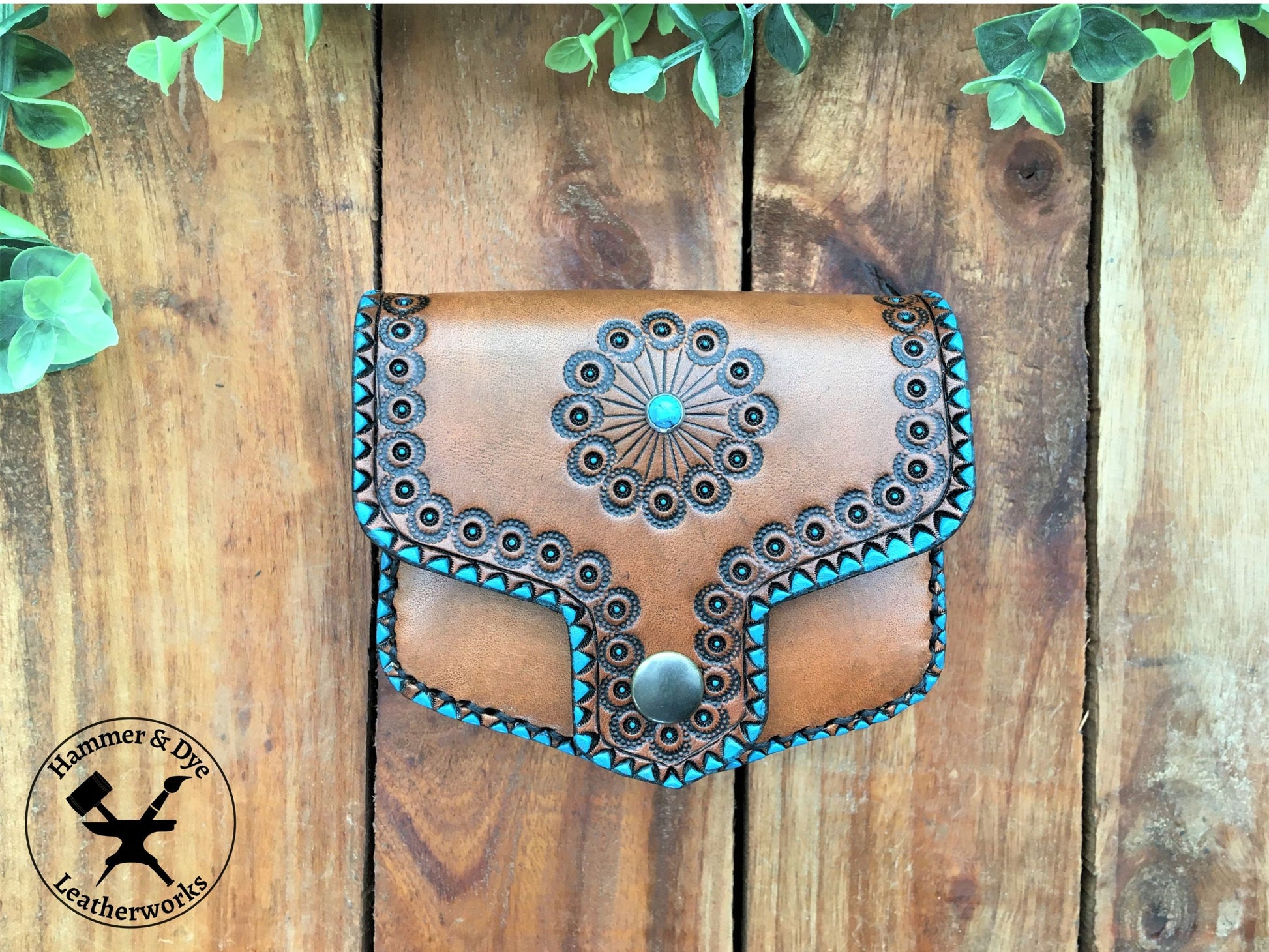 Bohemian Style handmade Mini Leather Hip Bag with Turquoise details Front View