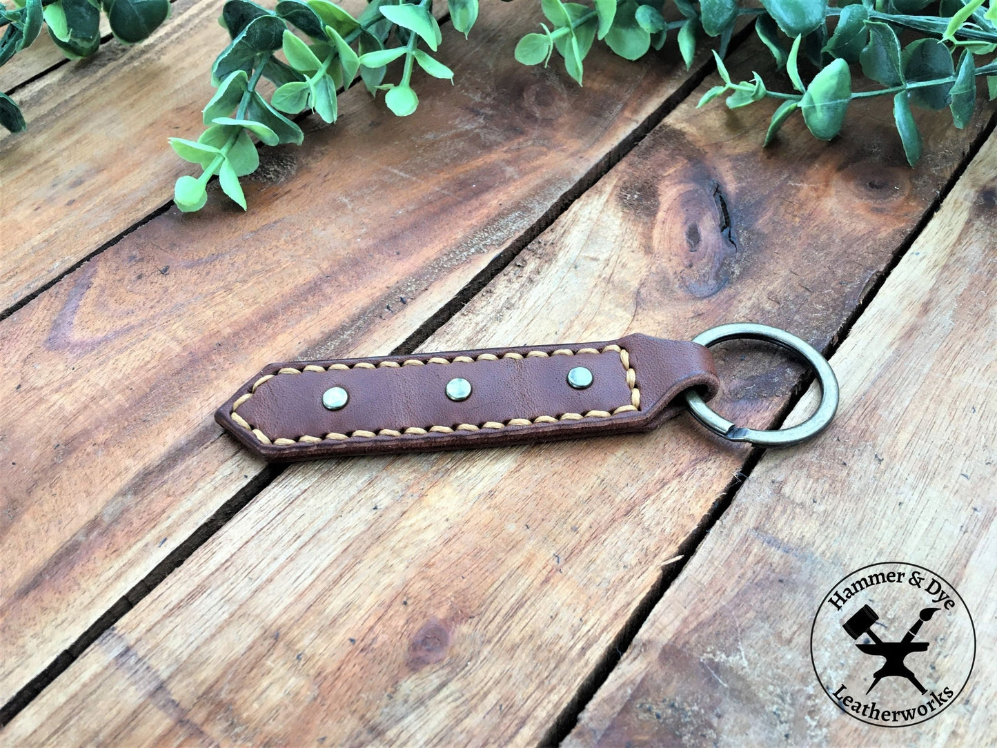 Handmade Brown Leather Studded Keychain with Hazel Stitching
