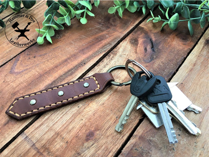 Handmade Brown Leather Studded Keychain with Hazel Stitching with Keys