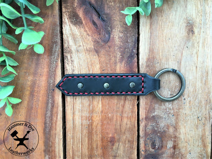 Handmade Black Leather Studded Keychain with Red Stitching