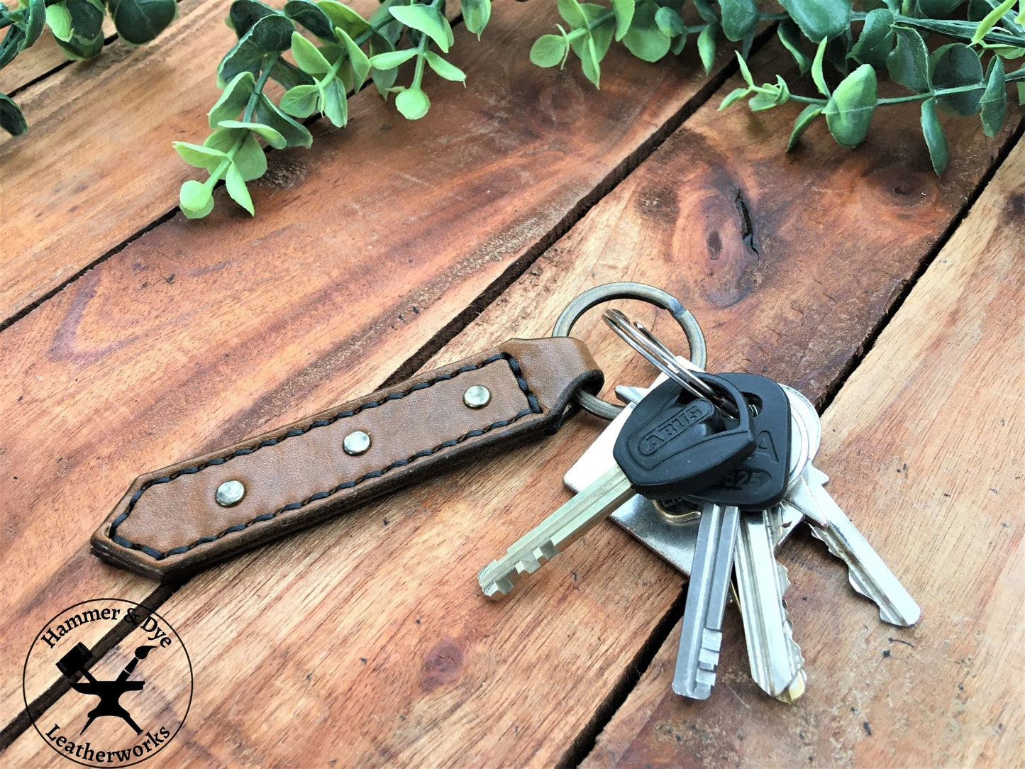 Handmade Antique Brown Leather Studded Keychain with Black Stitching and keys