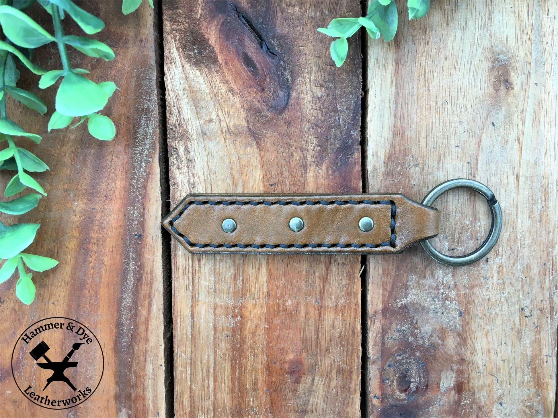 Handmade Antique Brown Leather Studded Keychain with Black Stitching