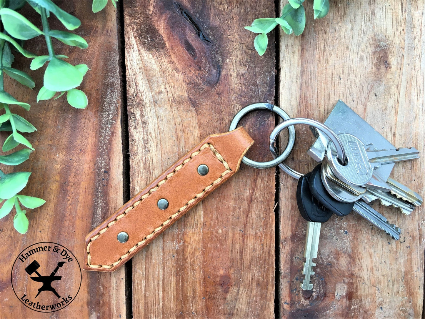 Handmade Tan Color Leather Studded Keychain with Hazel Stitching with a bunch  of keys