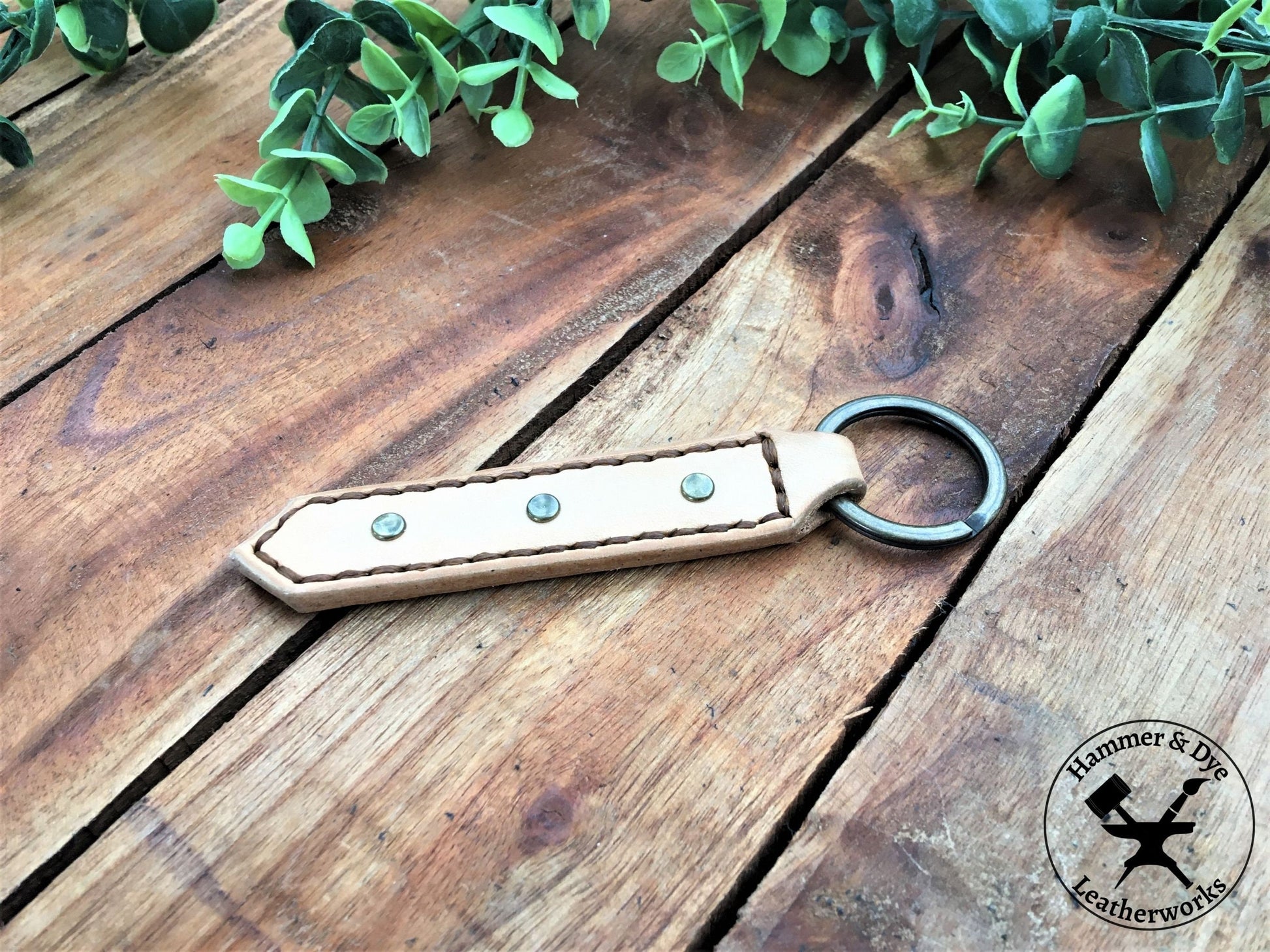 Handmade Natural Undyed Leather Studded Keychain with Brown  Stitching