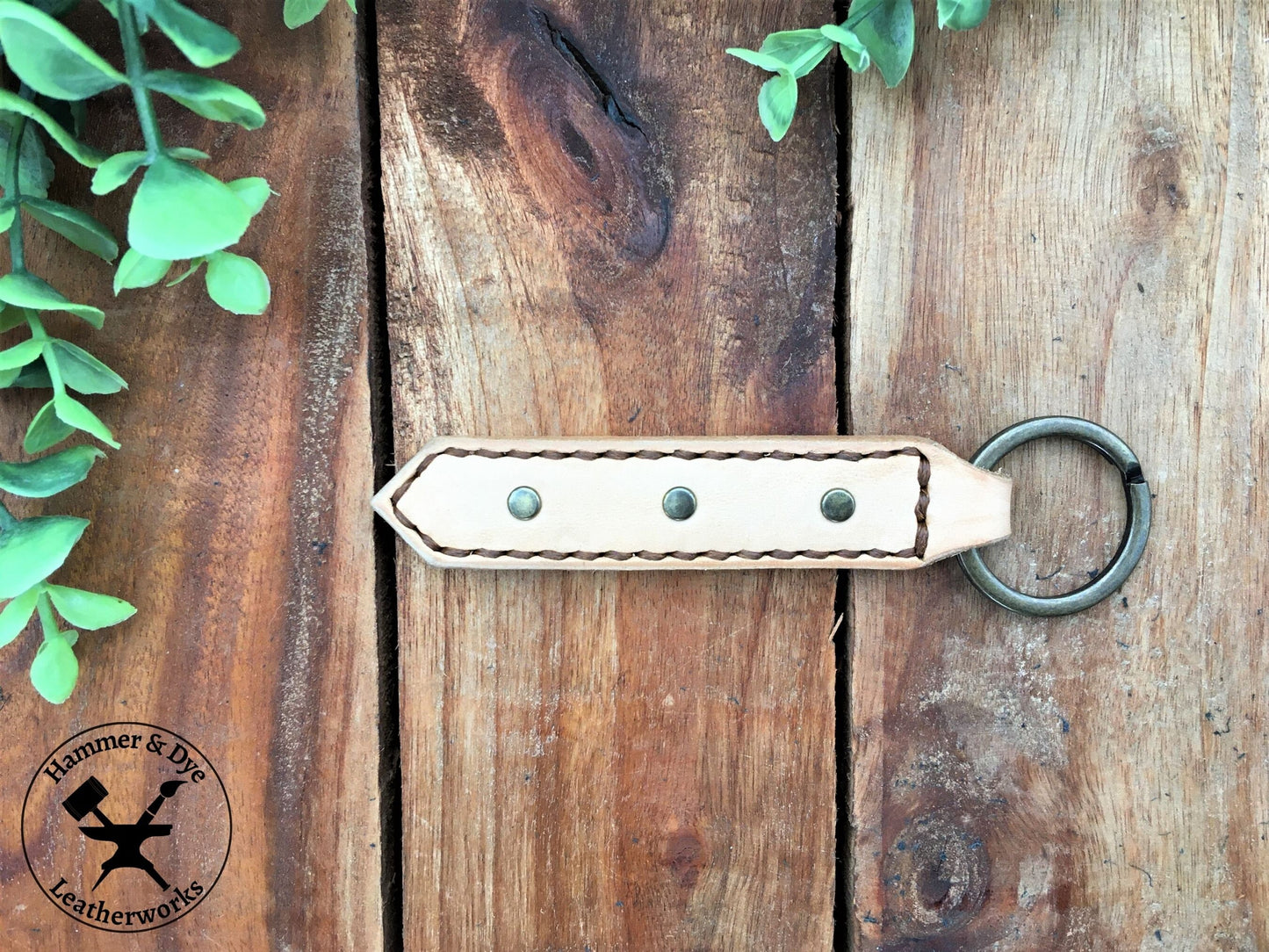 Handmade Natural Undyed Leather Studded Keychain with Brown  Stitching