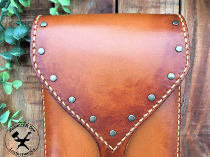 Close up Large Handmade Leather Belt Pouch with studs