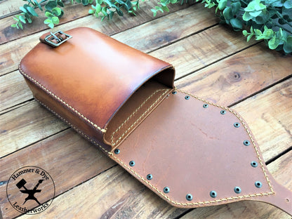 Large Cognac Color Leather Belt Pouch with Studs