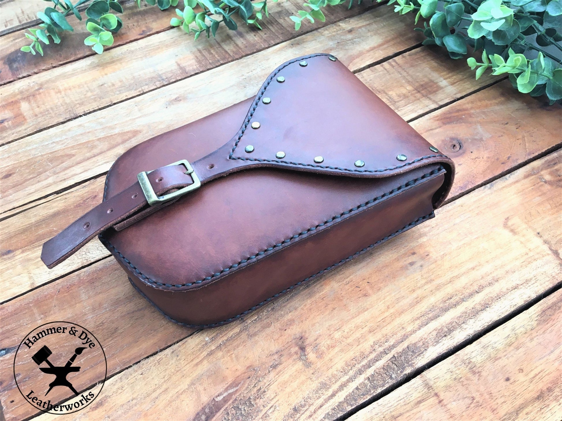 Large Handmade Brown Leather Belt Pouch with Buckle closing and Studs 
