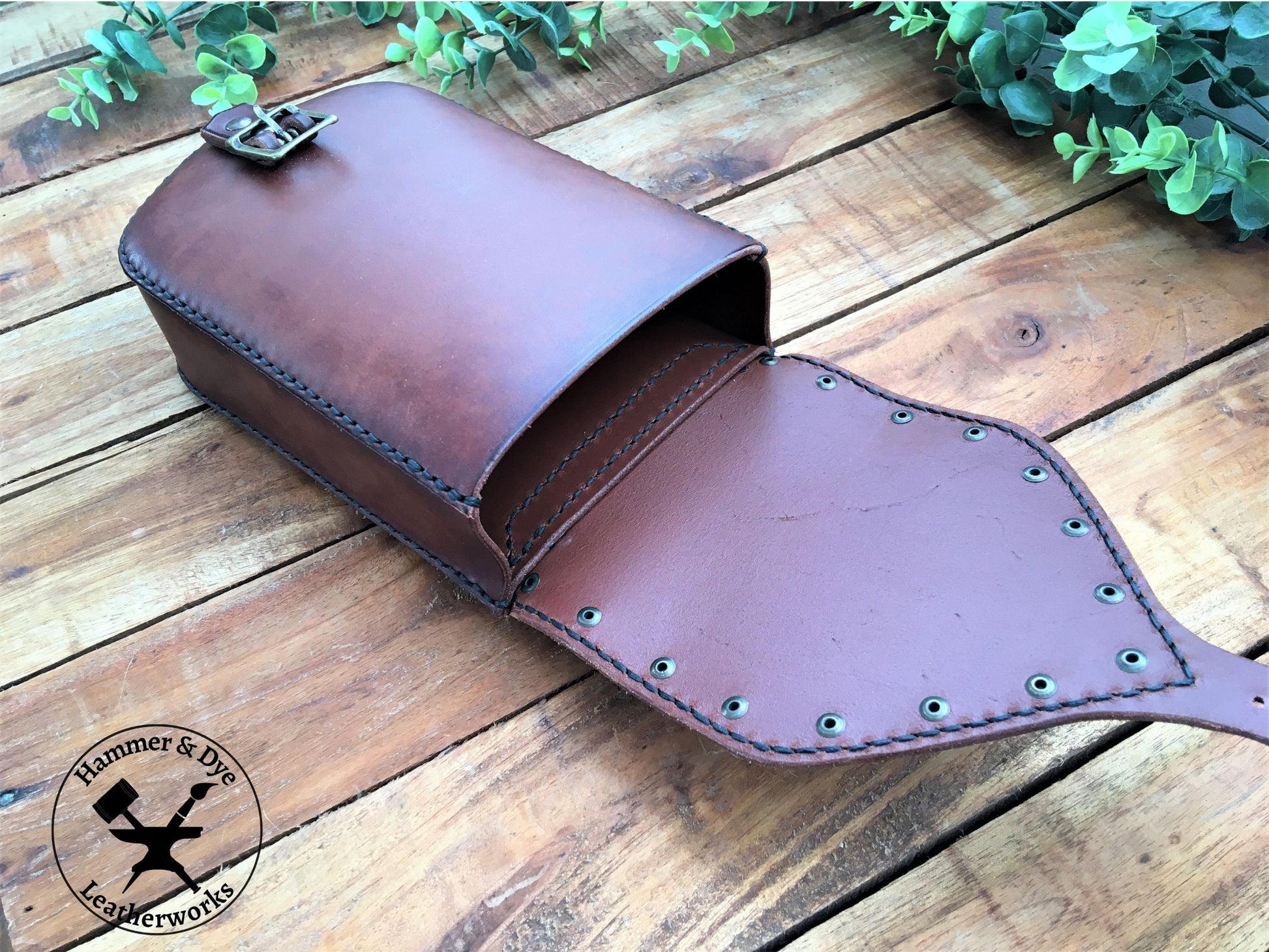 Large Handmade Brown Leather Belt Pouch with Buckle closing and Studs  Inside View