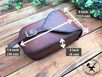 Large Handmade Brown Leather Belt Pouch with Buckle closing and Studs  with a Sizing Guide