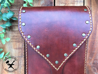 Large Handmade Mahogany Color Leather Belt Pouch with Buckle closing and Studs  Close Up View