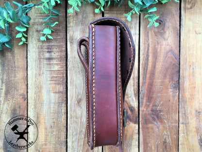 Large Handmade Mahogany Color Leather Belt Pouch with Buckle closing and Studs  Side View
