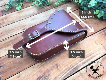 Large Handmade Mahogany Color Leather Belt Pouch with Buckle closing and Studs  with Sizing Guide