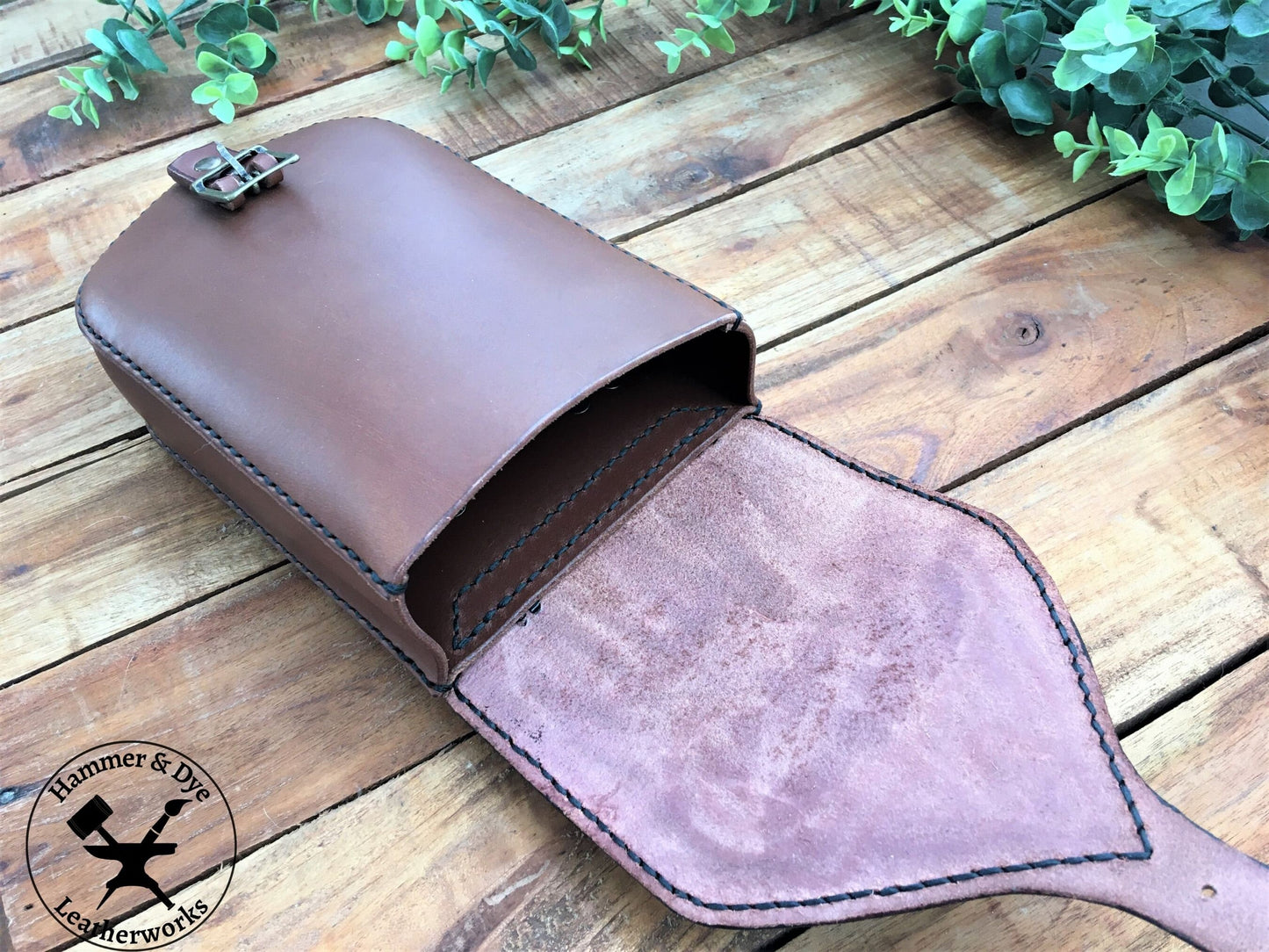Large Handmade Brown Leather Belt Pouch with Buckle Closing and Viking Style Knotwork Carving Inside View