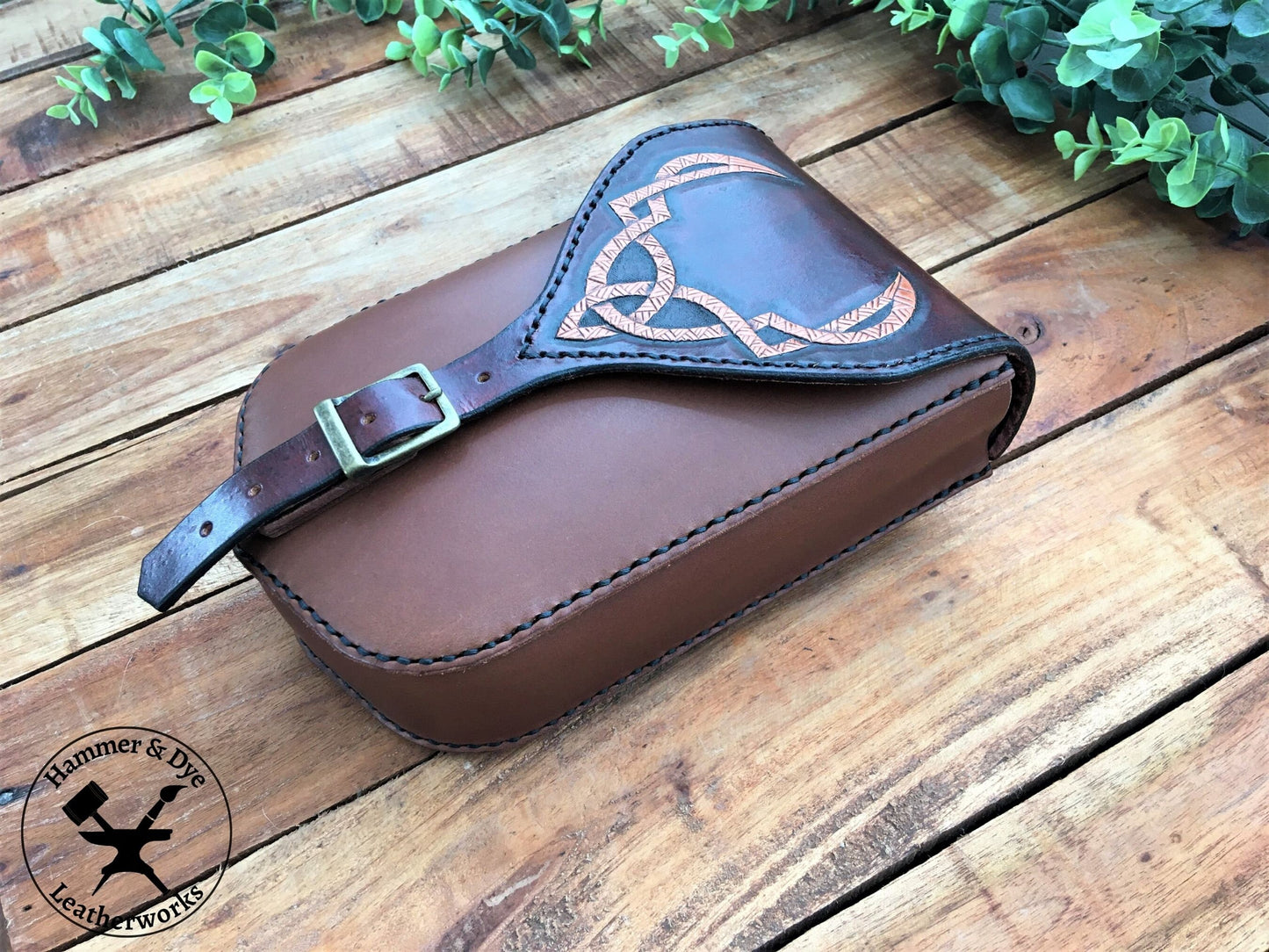 Large Handmade Brown Leather Belt Pouch with Buckle Closing and Viking Style Knotwork Carving