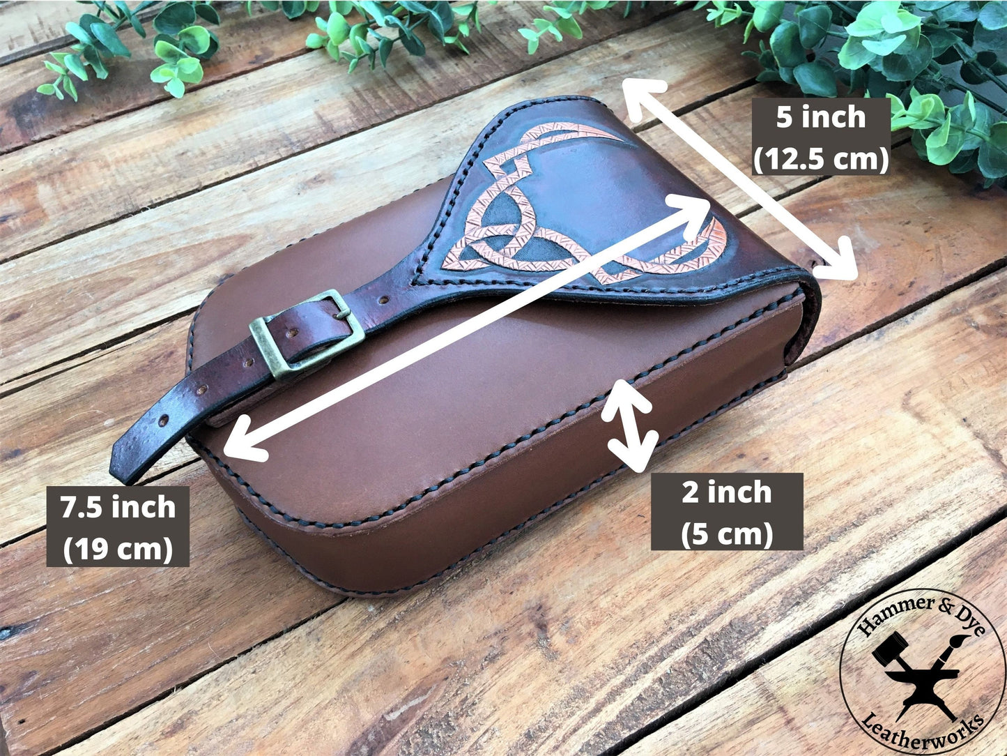 Large Handmade Brown Leather Belt Pouch with Buckle Closing and Viking Style Knotwork Carving With Sizing Guide