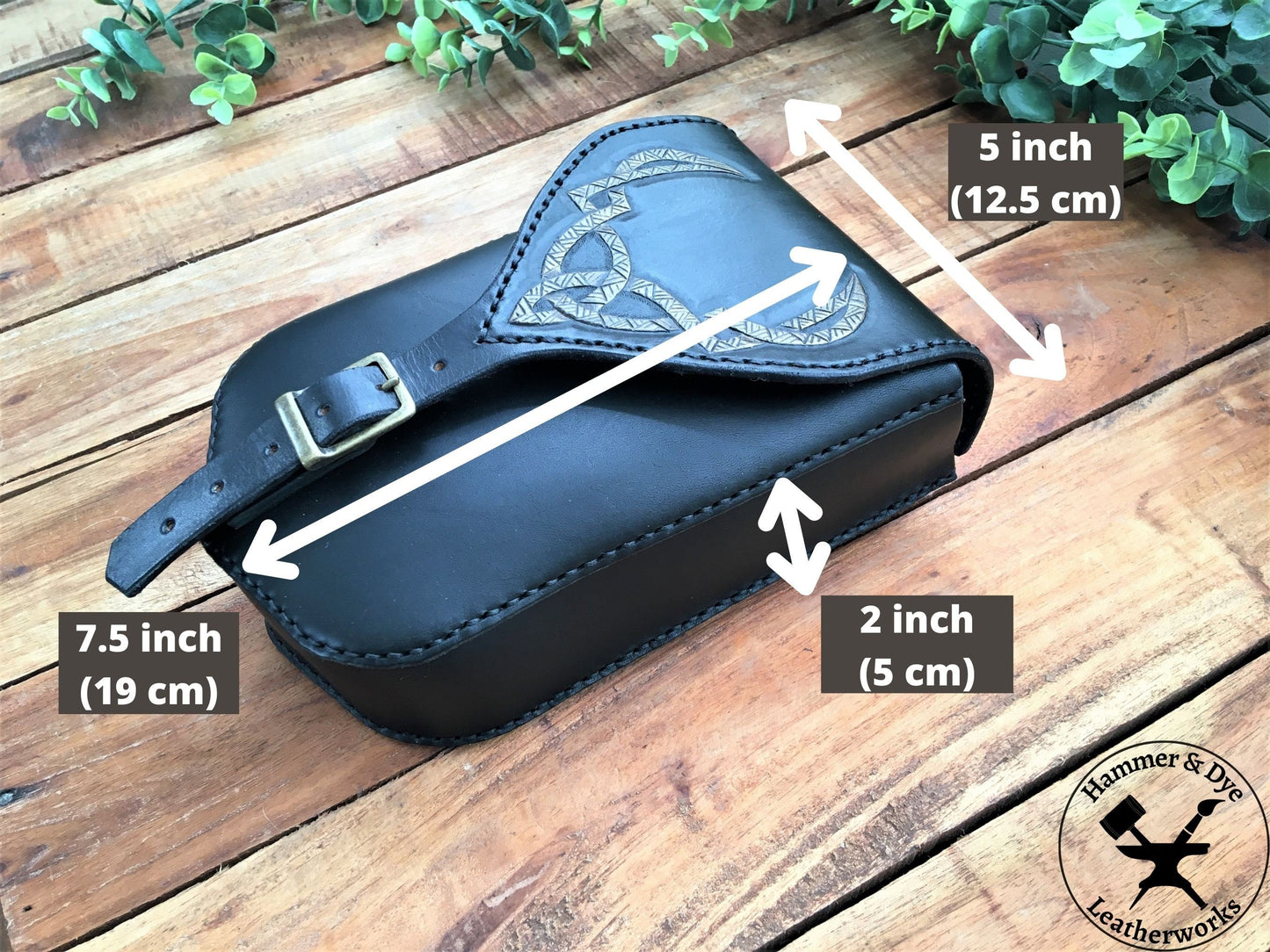 Large Handmade Black Leather Belt Pouch with Buckle Closing and Viking Style Knotwork Carving With Size Guide