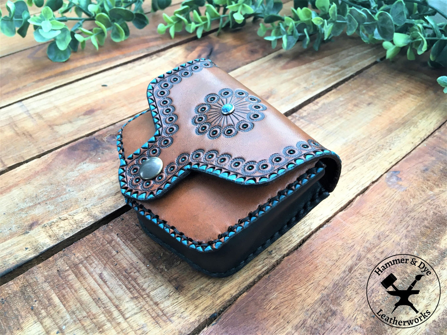 Bohemian Style handmade Mini Leather Hip Bag with Turquoise details 