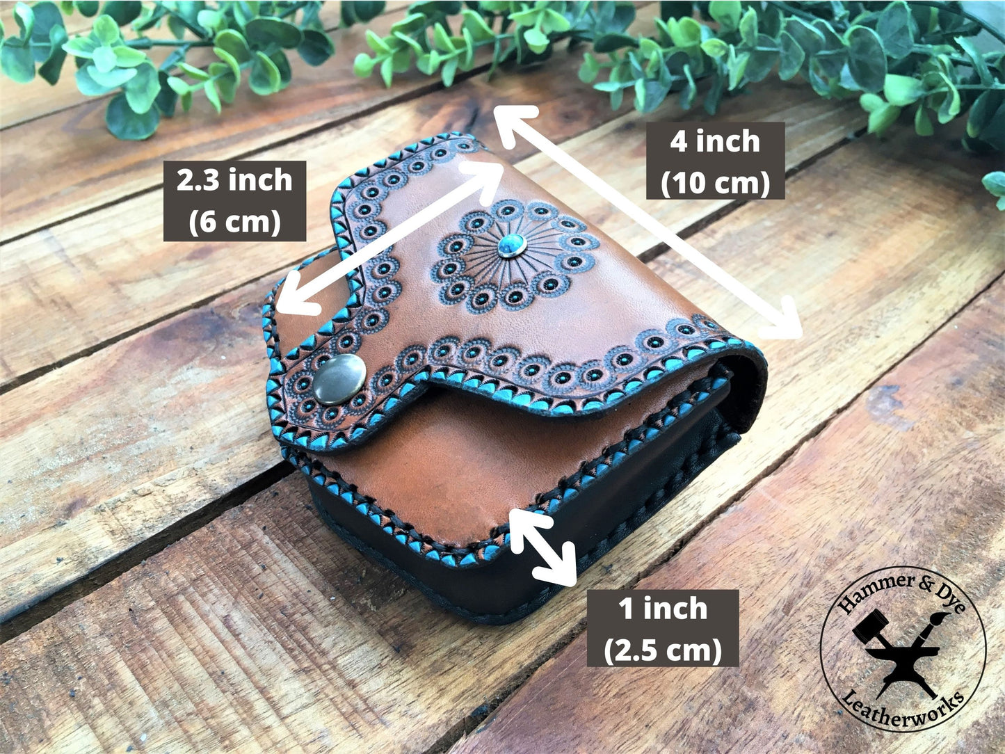 Bohemian Style handmade Mini Leather Hip Bag with Turquoise details with sizing guide