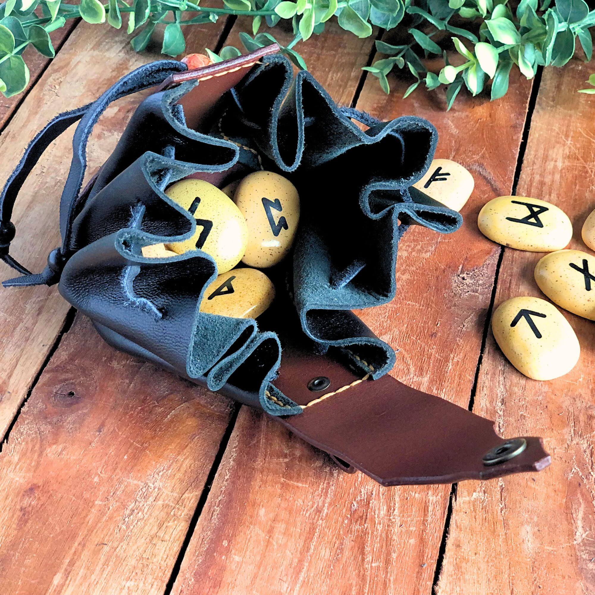 drawstring pouch filled with rune stones