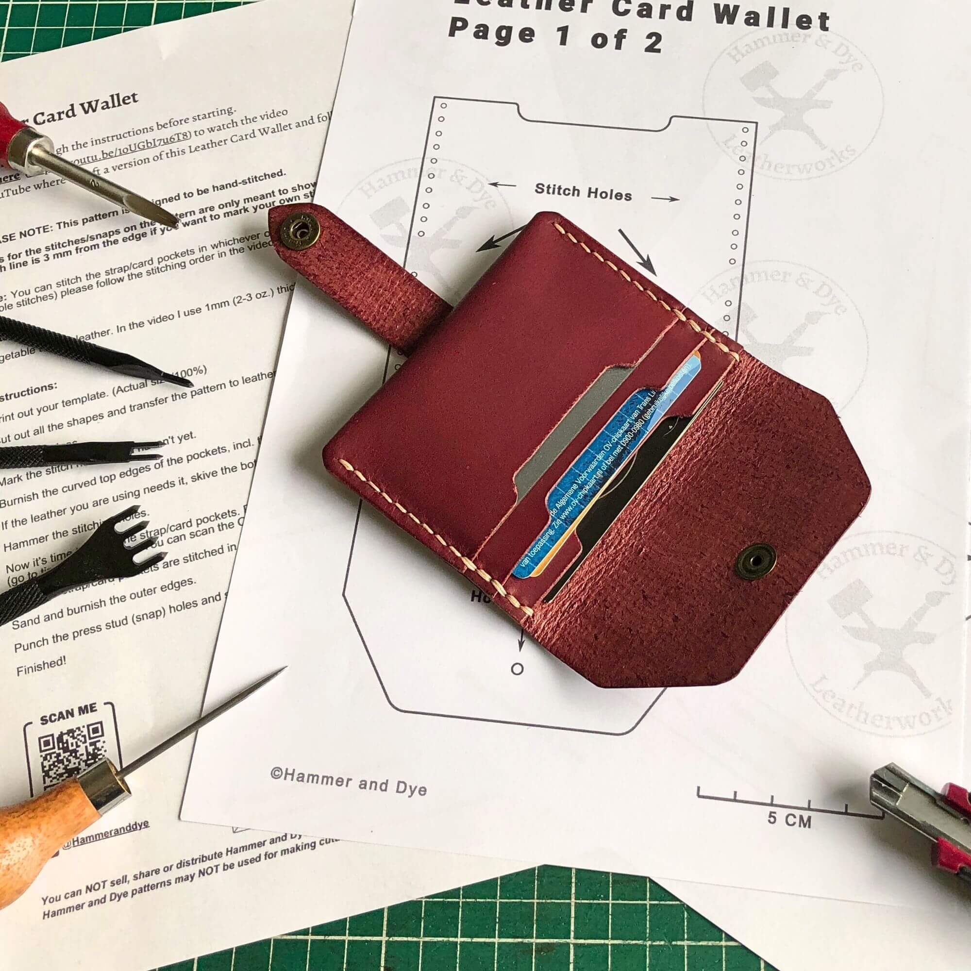 Small Wallet Bundle 11 card wallet pattern surrounded by leathercraft tools and the finished wallet