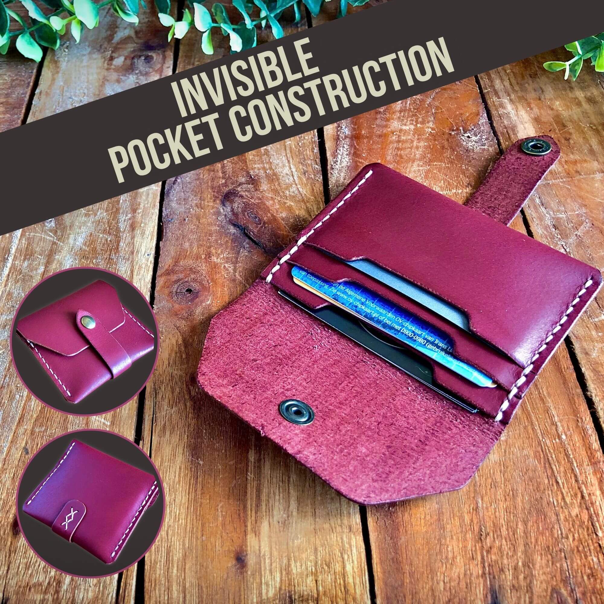 Small Wallet Bundle 14 leather card wallet with a unique pocket construction and a closing strap with snap closure