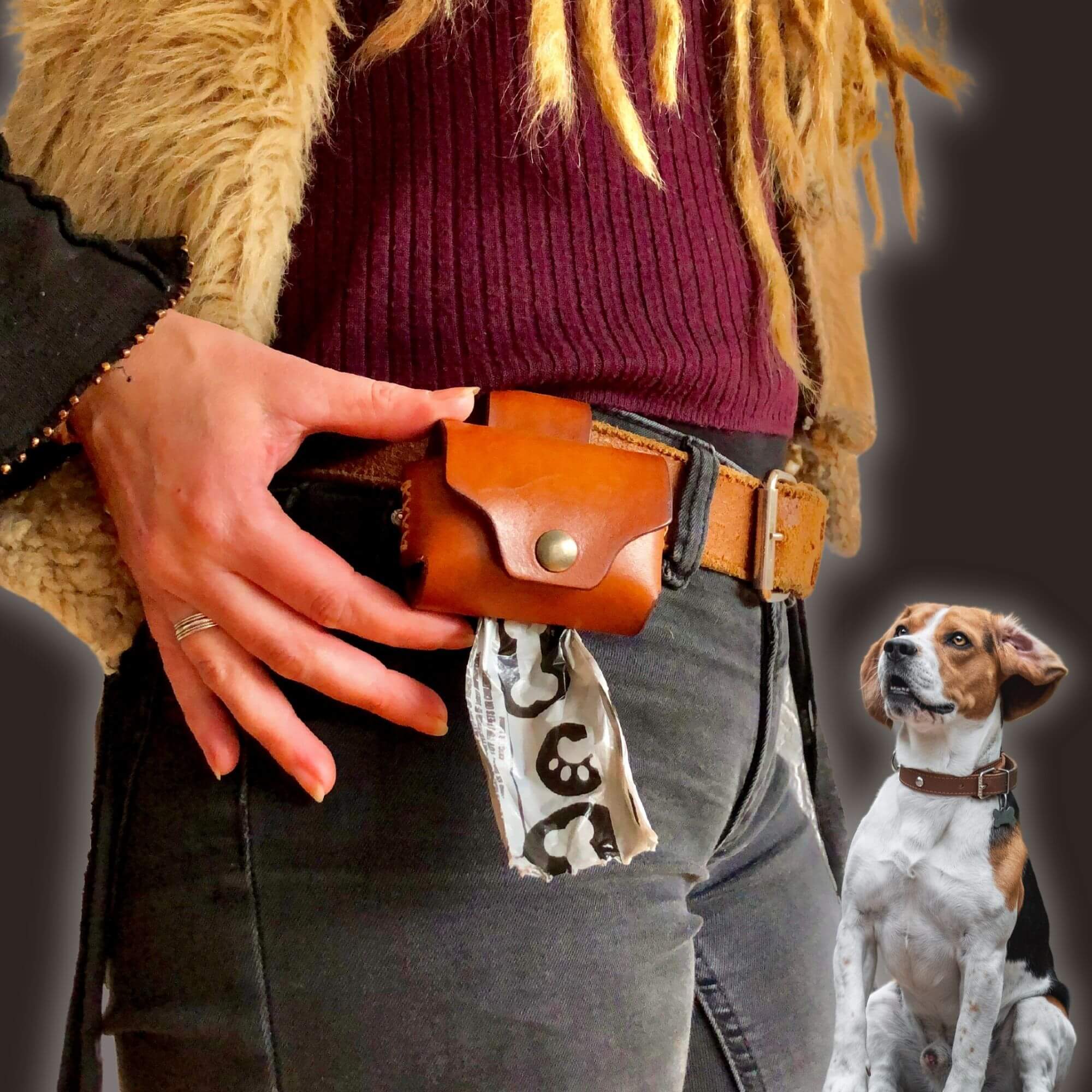 leather dog poop bag holder worn on a belt