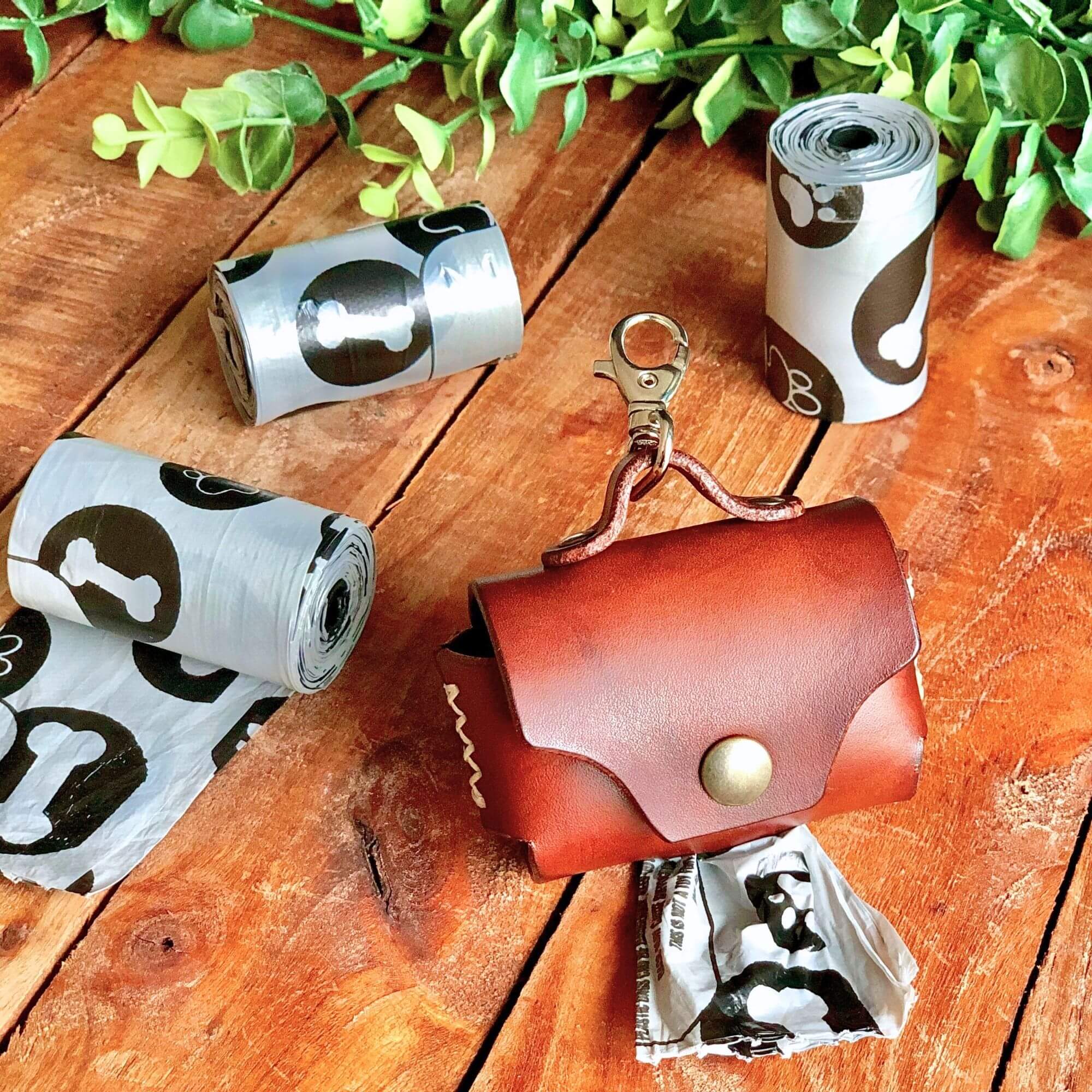 leather dog poop bag holder with a leash clip