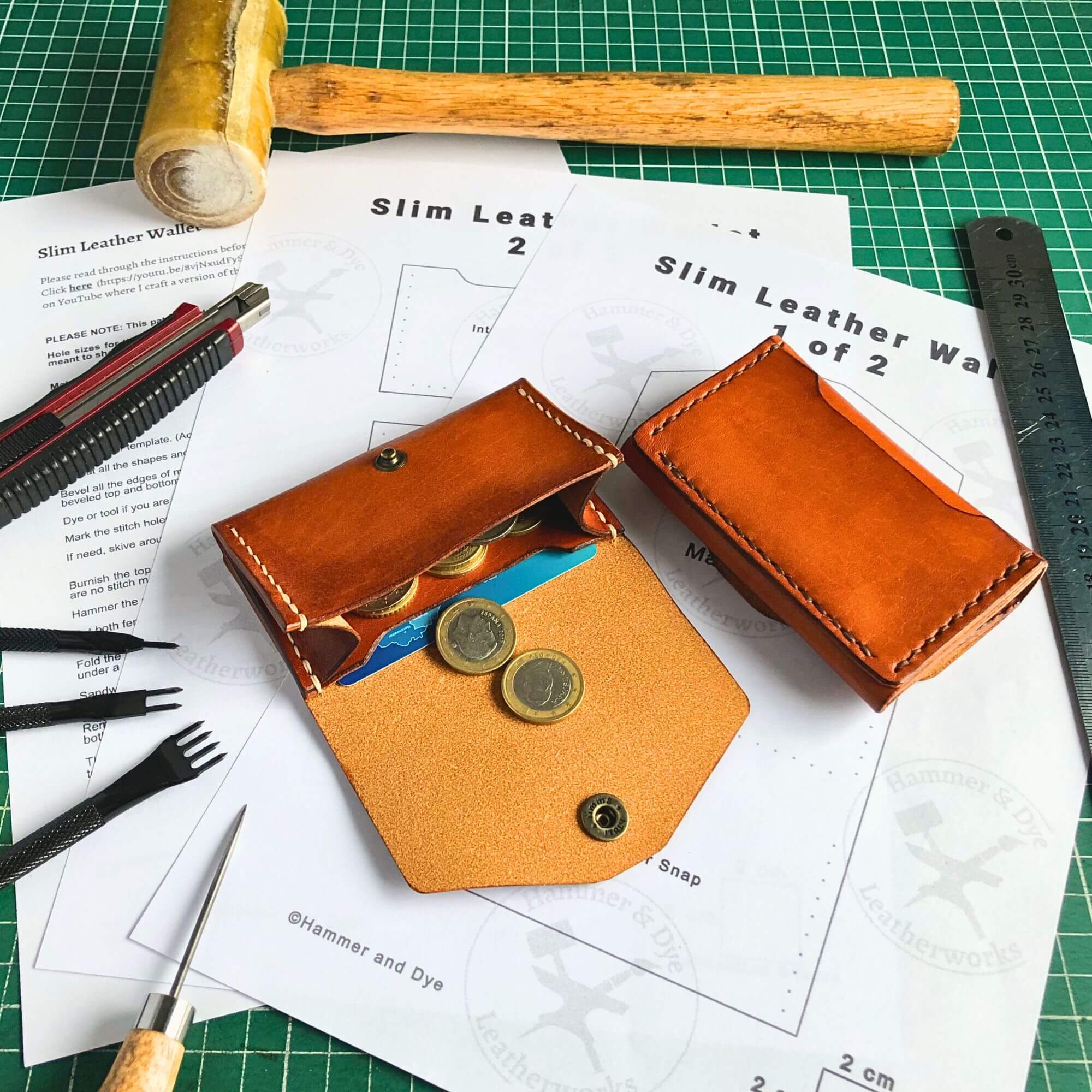 Small Wallet Bundle 9 slim leather wallet pattern surrounded by leathercraft tools and the finished wallet