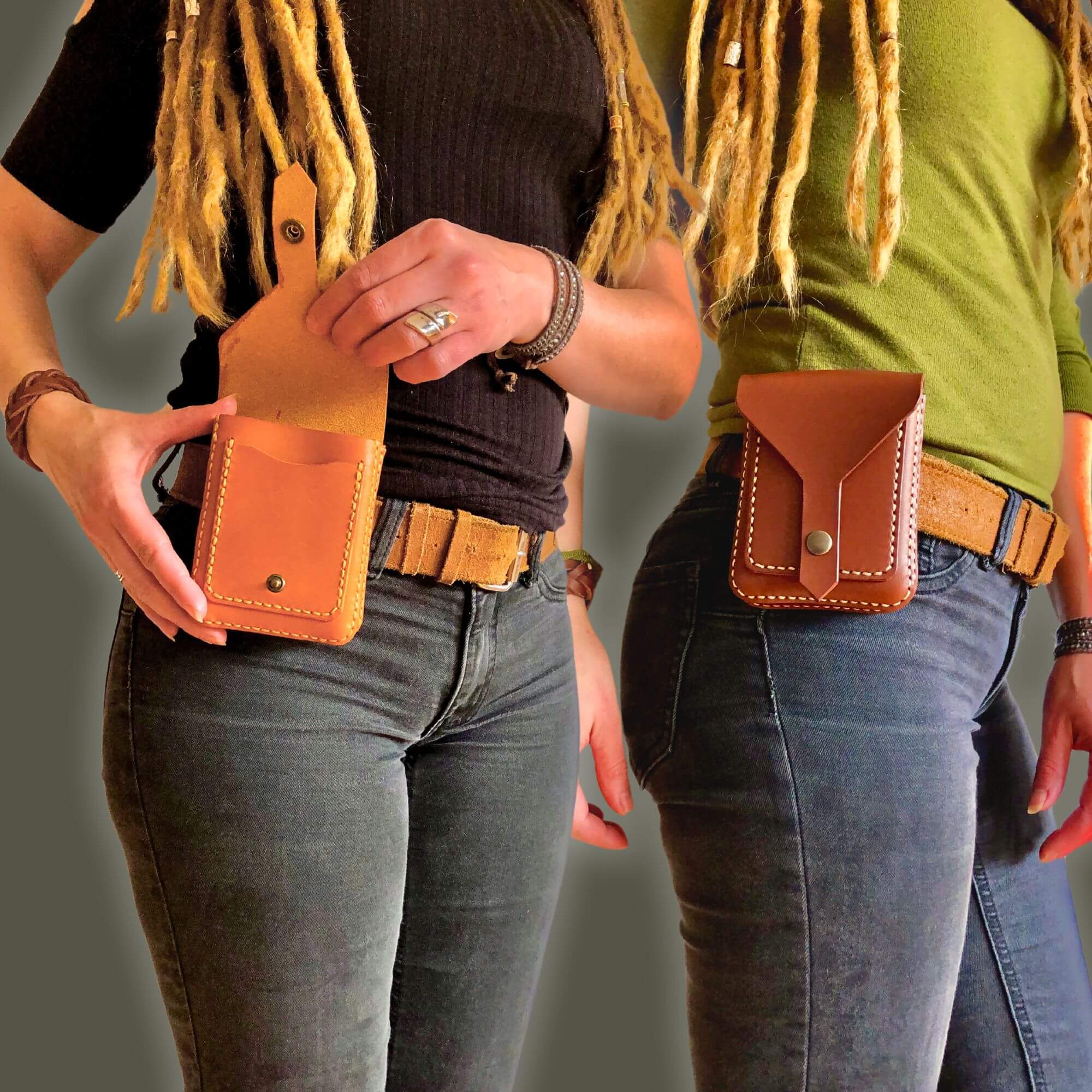 two people wearing a compact leather belt bag