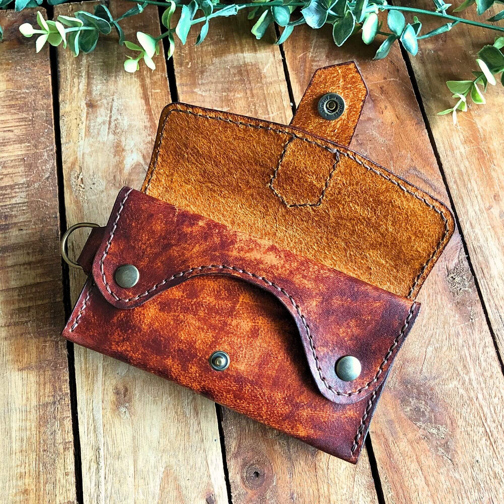 Full carry leather wallet with coin pocket, hand-stitched in natural veg tan, tan and mahogany dye finish