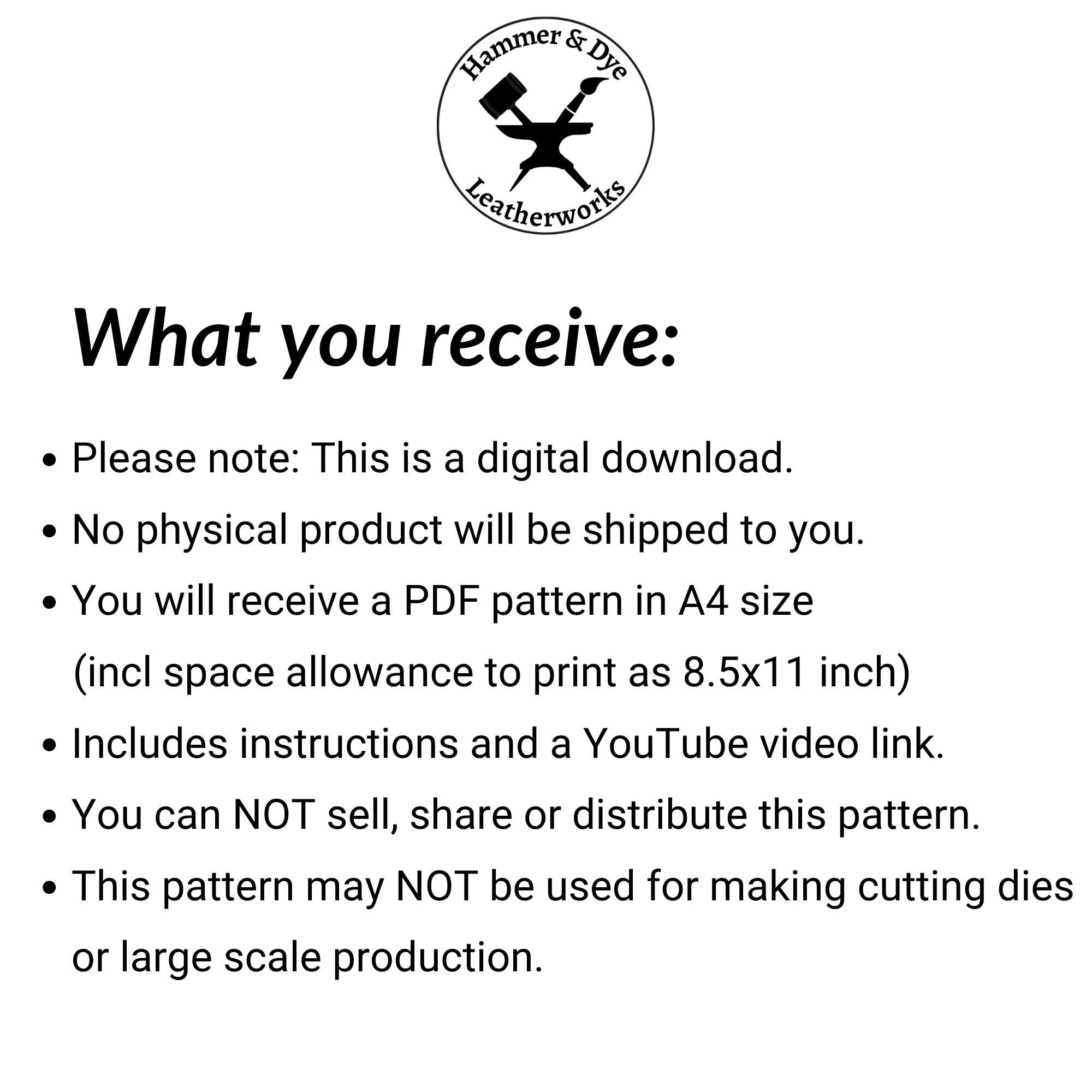 infographic detailing what you receive when buying a leathercraft PDF pattern
