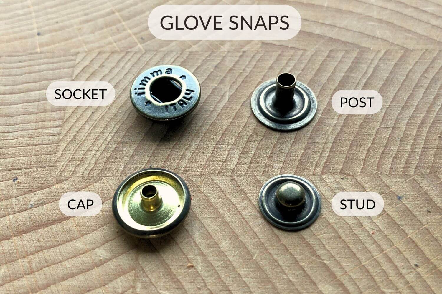 How to Set Snaps 2 the 4 parts of a glove snap: socket and cap plus post and stud