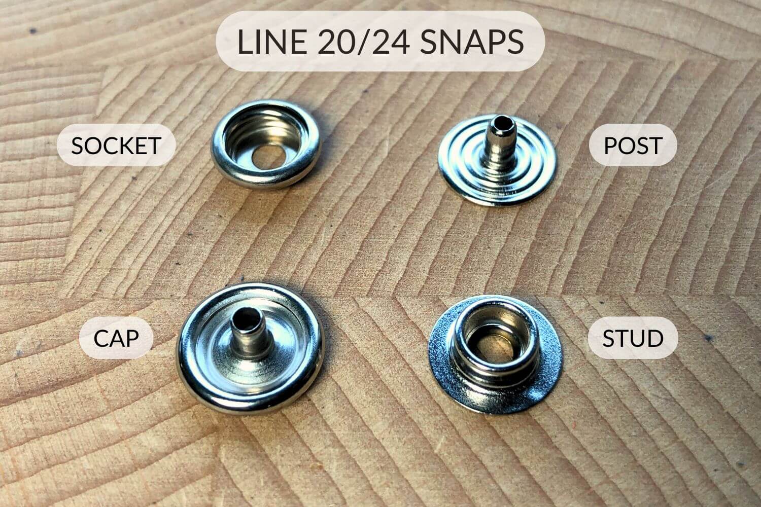How to Set Snaps 3 The 4 parts of line 20/24 snaps: the socket and cap and the post and stud
