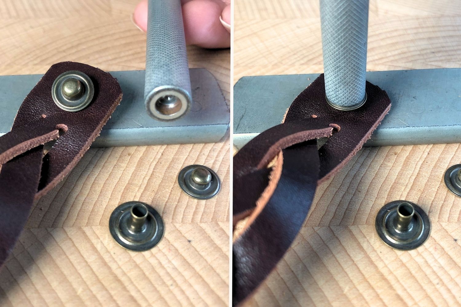 How to Set Snaps 9 The installation of the post and stud of a glove snap in leather